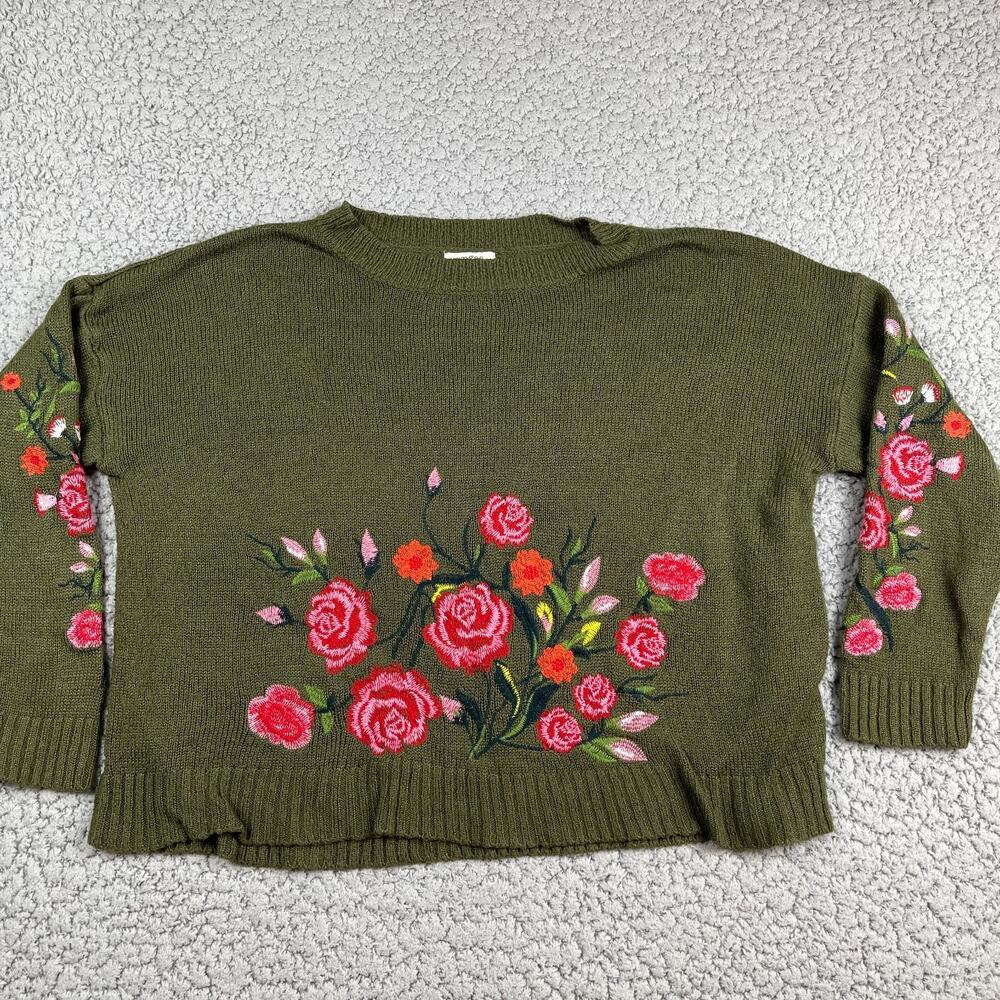 Umgee Floral Embroidered Knit Sweater Womens Medium Olive Green Grandma Ribbed